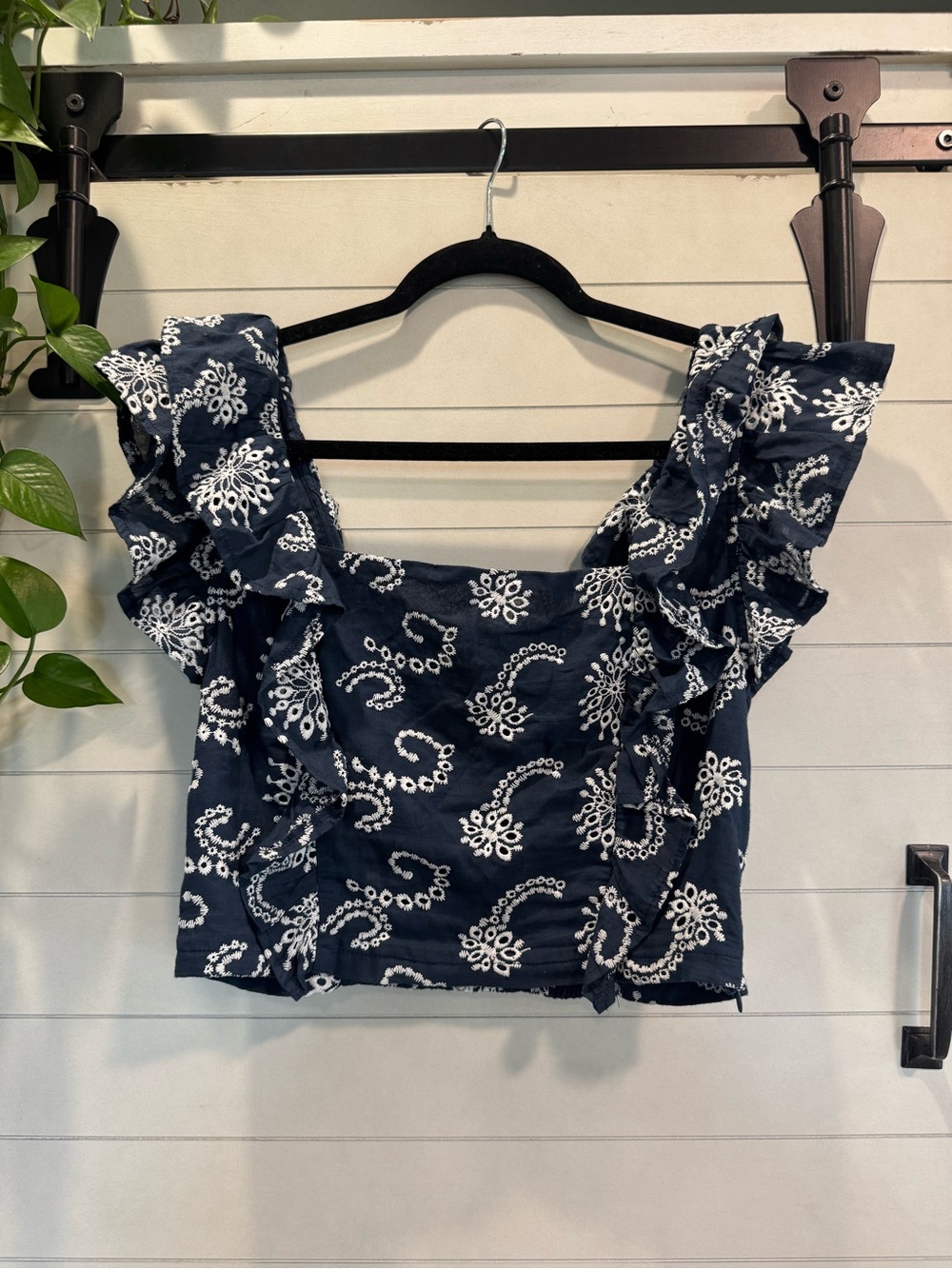 Navy Floral Ruffle Square-Neck Crop Top - Women